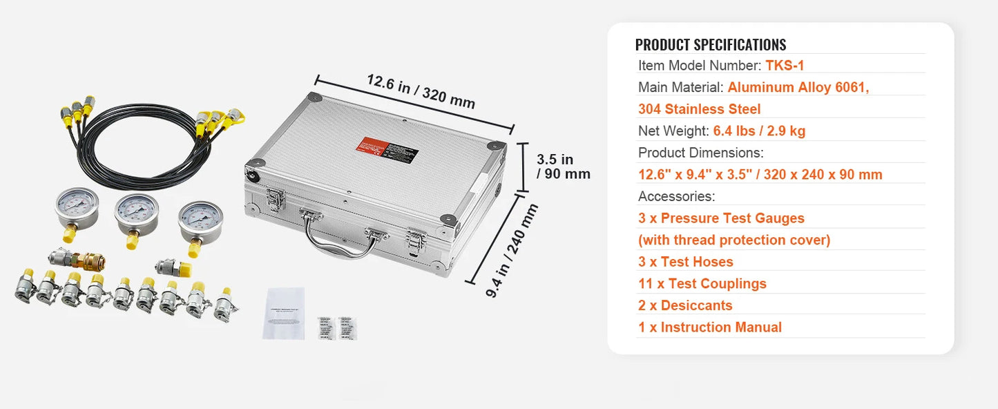 SucceBuy Hydraulic Pressure Test Kits Excavator Hydraulic Test Gauge Sets with Carrying Case for Excavator Tractors Machinery