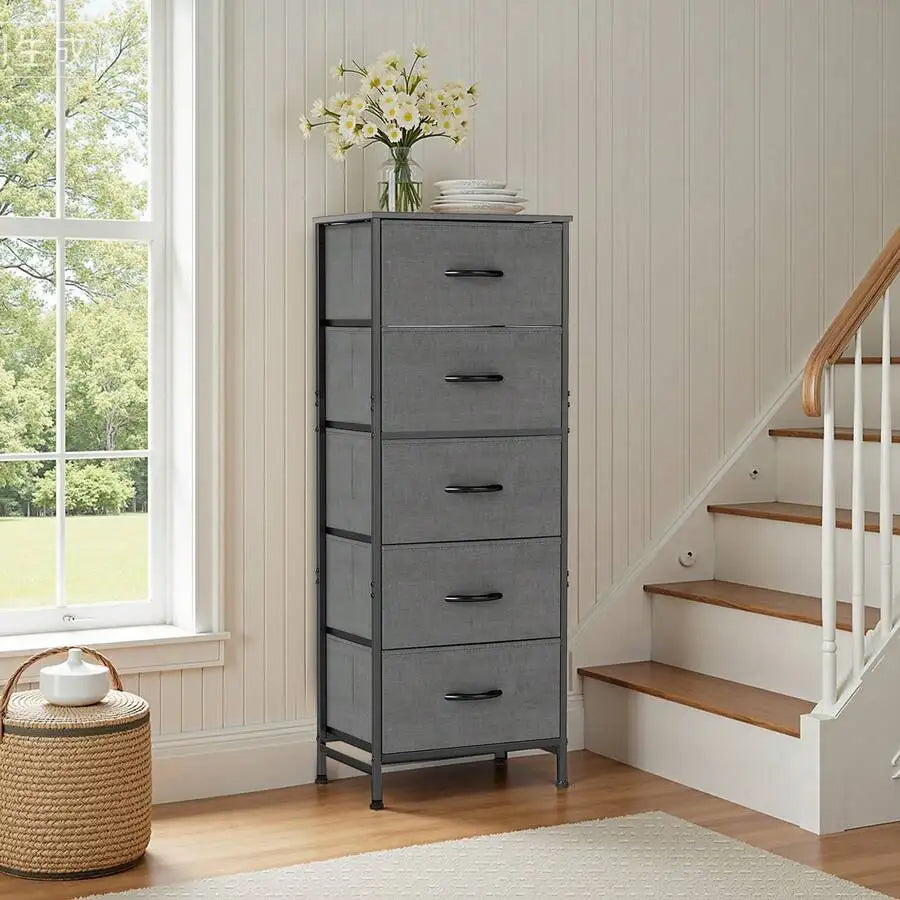Sweetcrispy 5 Drawer Dresser With Fabric Bins, Sturdy Steel Frame And Wood Top, Storage Organizer Chest For Bedroom, Closet, Hallway, Black
