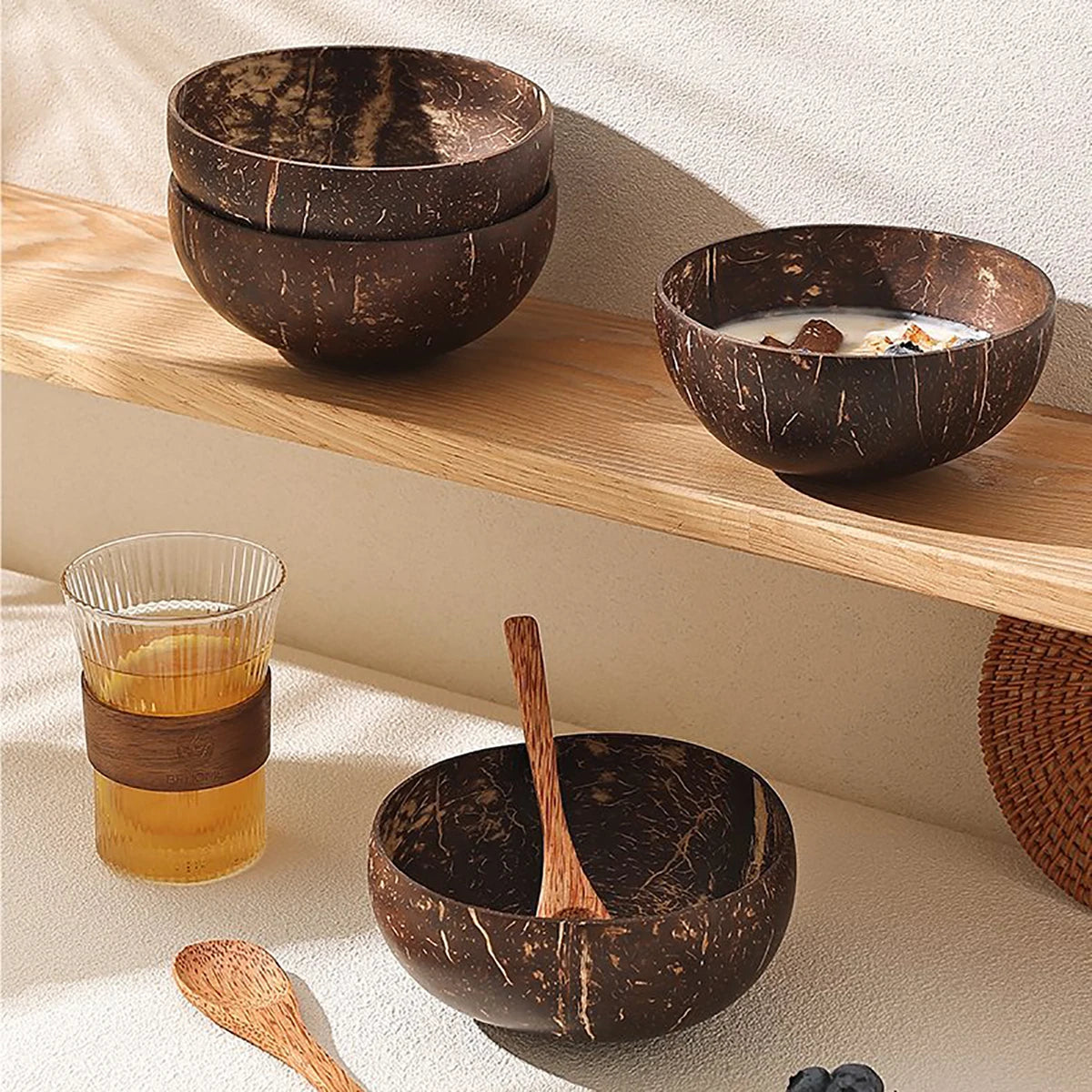 Natural Coconut Shell Bowl And Spoon Set For Serving Dishes Salad Wooden Reusable Kitchen Tableware Coconut Bowls Fruit Bowl
