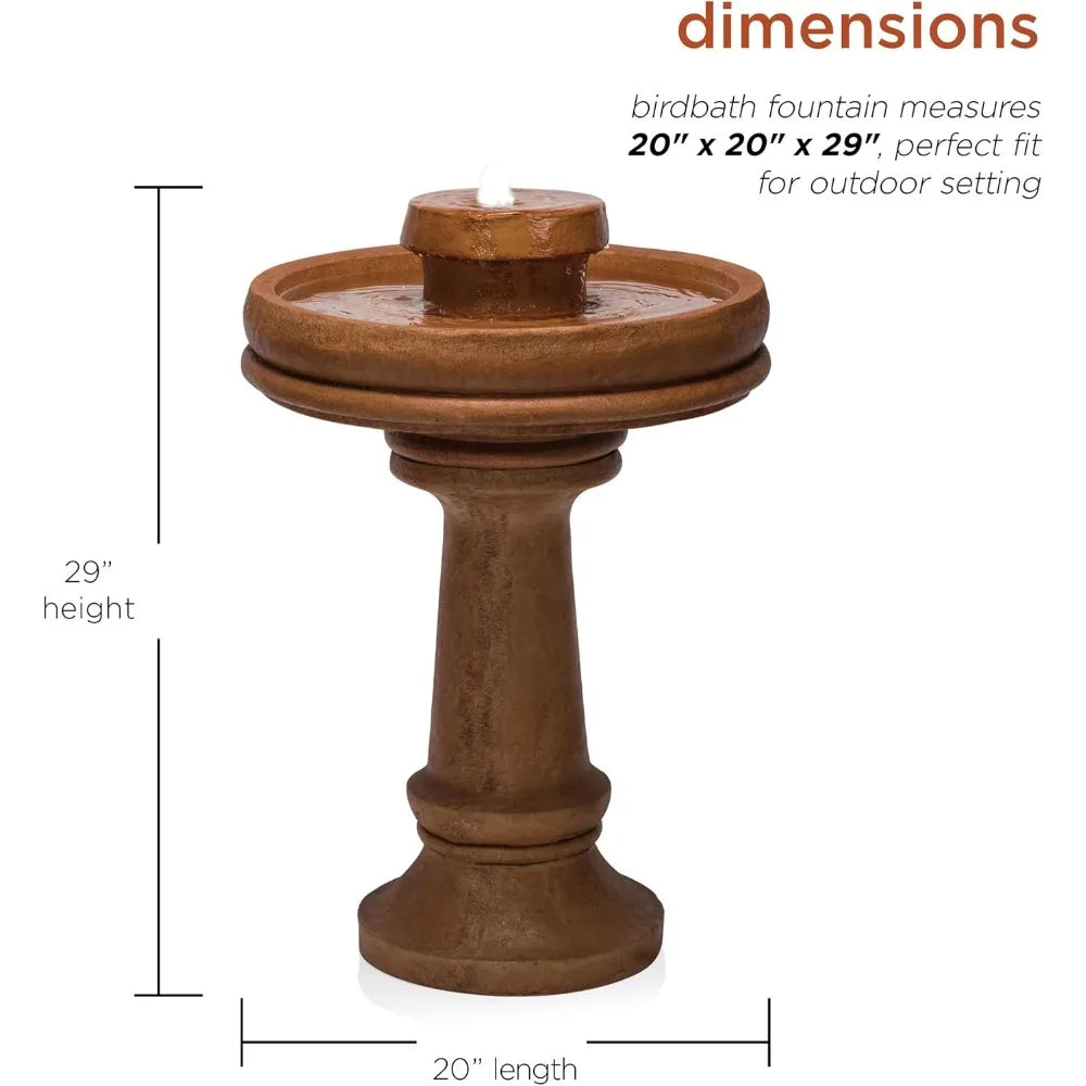 Outdoor Floor Vintage Pedestal Water Fountain with Bird Bath and LED Lights, 29, Brown