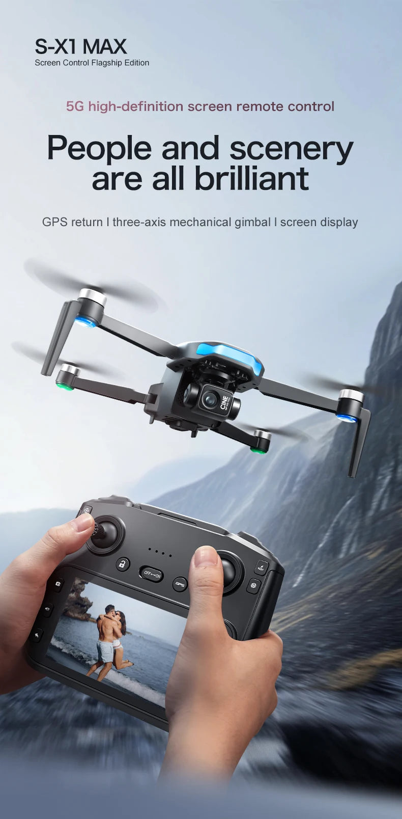 S-X1 MAX GPS Drone Professional 4K Camera 3-axis Gimbal Aerial FPV Brushless Security Drone with Large Screen Control Quadcopter