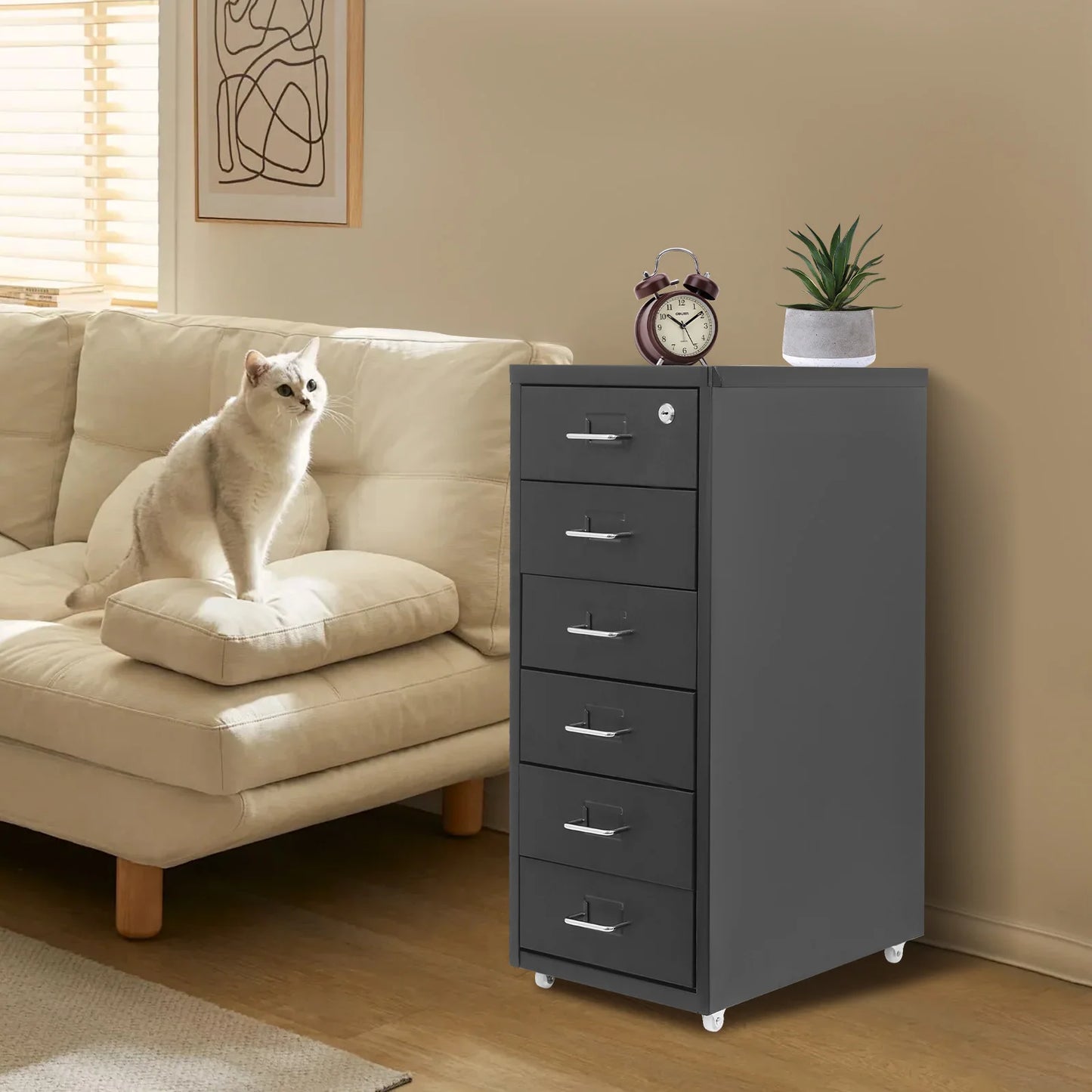 Vertical File Cabinet 6-Drawer Metal Lockable Filing Cabinet with Wheels 22lbs Capacity per Tier for Home Office Study