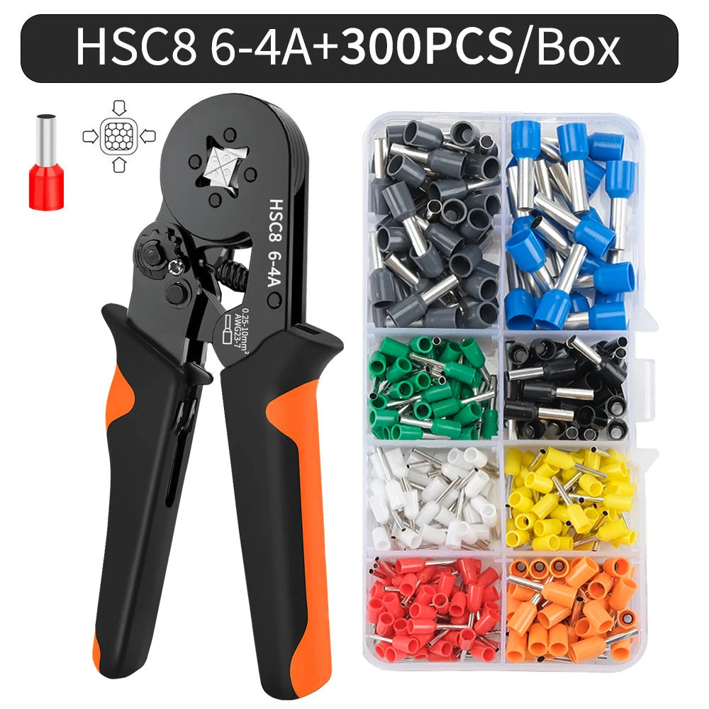 Hexagonal Self-Adjustable Ratchet Ferrule Crimping Tool Kit 23-7AWG 0.25-10mm² Crimper Kit with Ferrule Sleeves Wire Terminals
