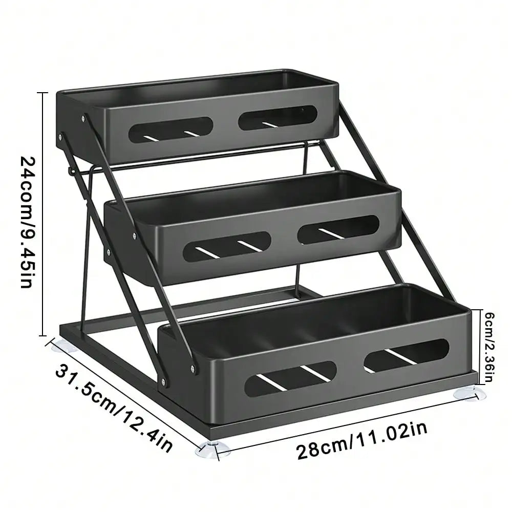 3 Tier Spice Rack Organizer Modern Black Metal Foldable Countertop Seasoning Storage Shelf Space Saving Kitchen Cabinet Organizer Rack With Protection Guardrails For Pantry Dining Table Housewarming Gift