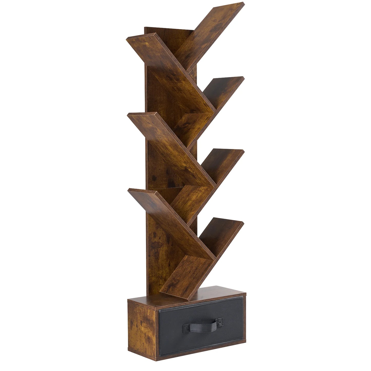 MCQ 7-Tier Tree Bookshelf with Drawer 43IN Wooden Narrow Slim Corner Bookshelf for Small Spaces Geometric Wooden Book Rack