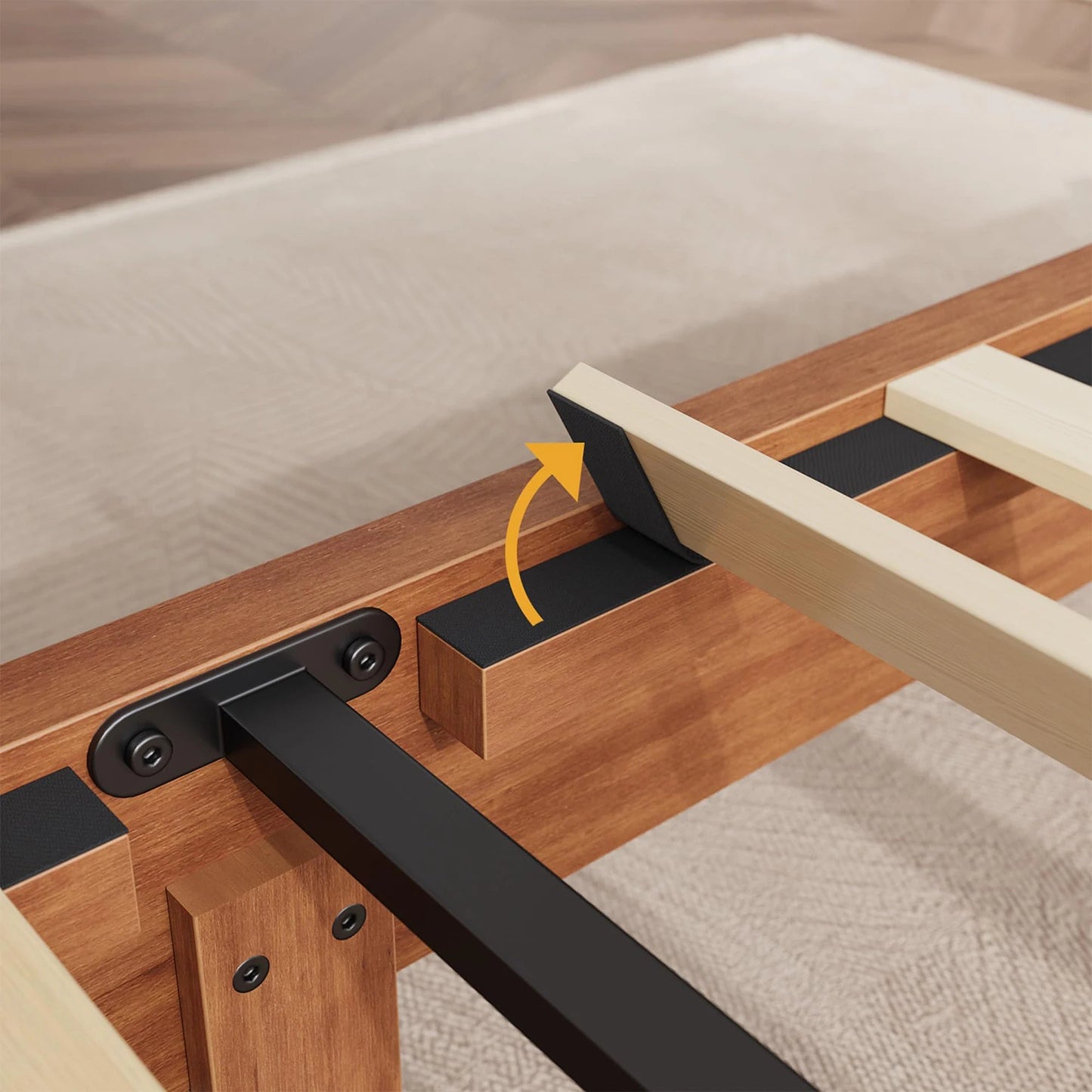 Modern Wooden Platform Bed Frame Featuring Curved Headboard Storage