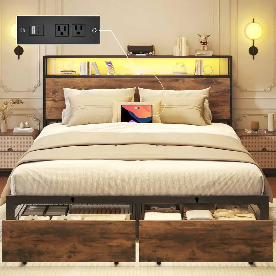 Queen & Full Bed Frame With Storage, 2-Tier Storage Headboard & Built-In Drawers, Metal Platform Bed With USB Charging Station & LED Lights, Noise Free, No Box Spring Needed, Easy Assembly,Rustic Grey