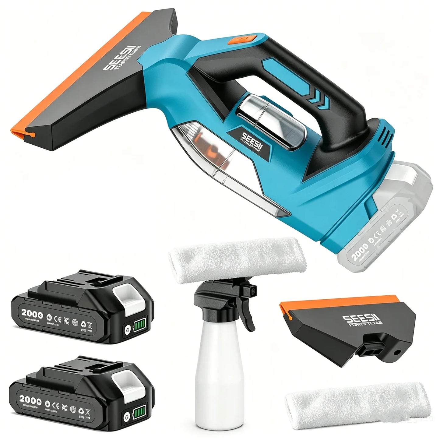 SEESII Cordless Window Vacuum Cleaner 2000PA Suction Power 4.0mAh Battery Windown Spray Cleaning Tool Set with Squeegee Blade for Mirror Glass Countertop Tile