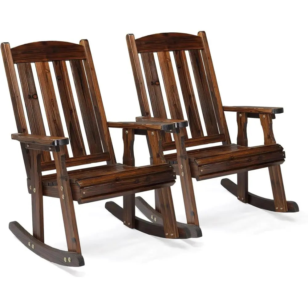 Heavy-Duty 600lbs Wooden Rocking Chair Set, Comfortable Backrest, Weatherproof Outdoor Patio Rockers (Rustic, 2 Pack)