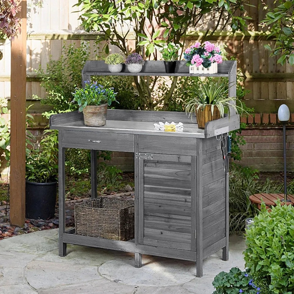 Outdoor Garden Workbench, Garden Worktable with Metal Tabletop, Cabinet Drawers, Open Countertop, Customizable