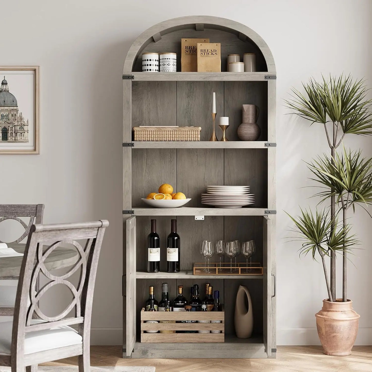 Bookcase with Doors Arched Bookshelf 71.65in Tall Bookcase Farmhouse Cabinet with Shelves Wooden Bookshelves for Home Office