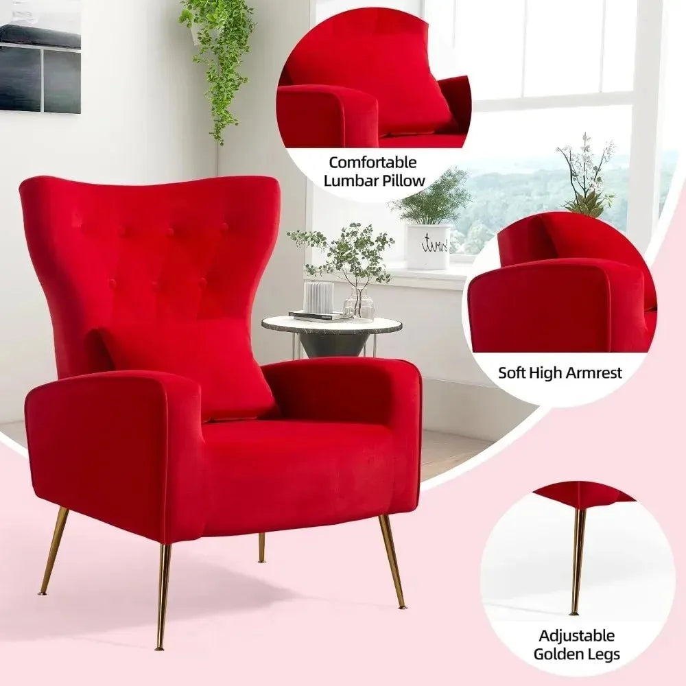 Velvet Accent Arm Chair, Mid-Century Modern Living Room Chair, Wingback Bedroom Side Chair with Gold Legs & Pillow，Customized