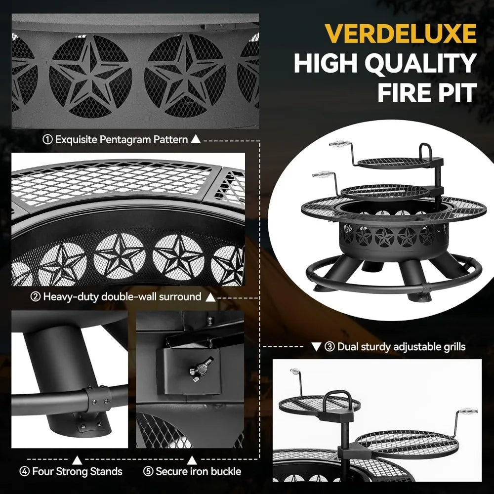 47 Inch Outdoor Fire Pit with 2 Grills, Extra Large BBQ Firepits for Outside, Metal Round Fire pits with Lid&Fire Poker,3 in 1 W