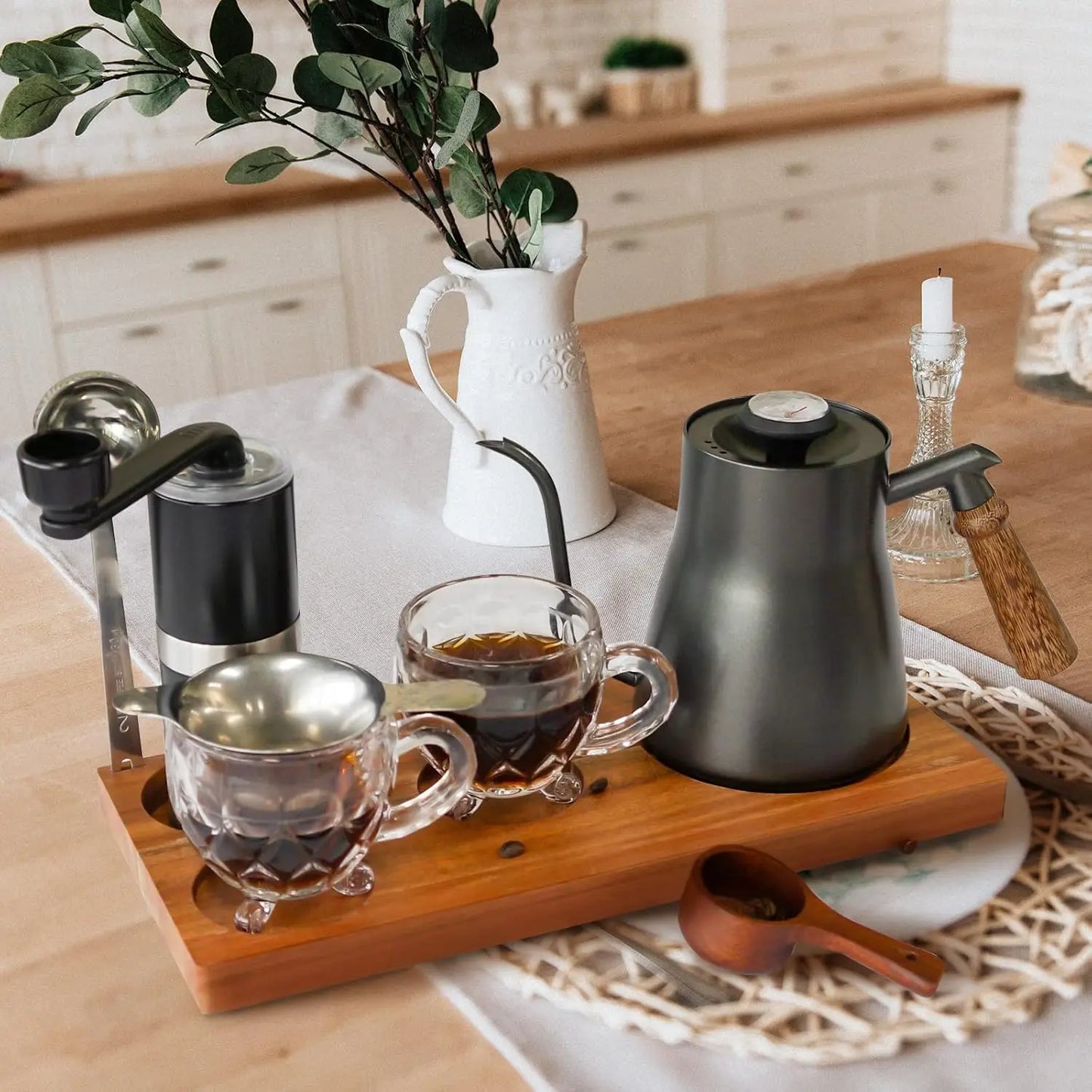 Portable Coffee Maker Set Tea Set And Tray; Manual Grinder; Stainless Steel Scoop & 2 Glass Cups and Wooden Tray