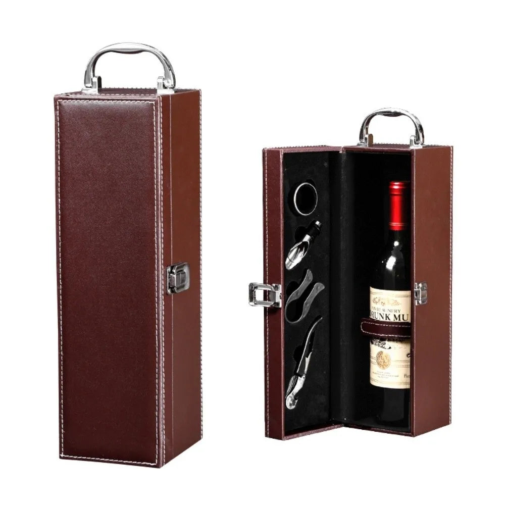 New PU Leather Wine Gift Box with Tools with Handle Portable Carrier Tote with 4 Accessories Set Red Wine Storage Box Gifts
