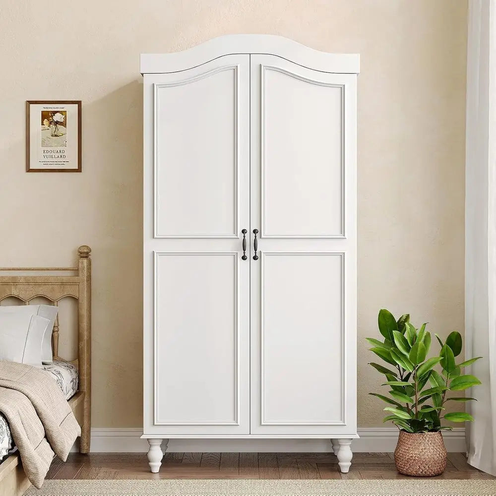 71 High Wooden Armoire with 2 Doors, Hanging Rod & Shelves - White Storage Cabinet for Bedroom or Cloakroom