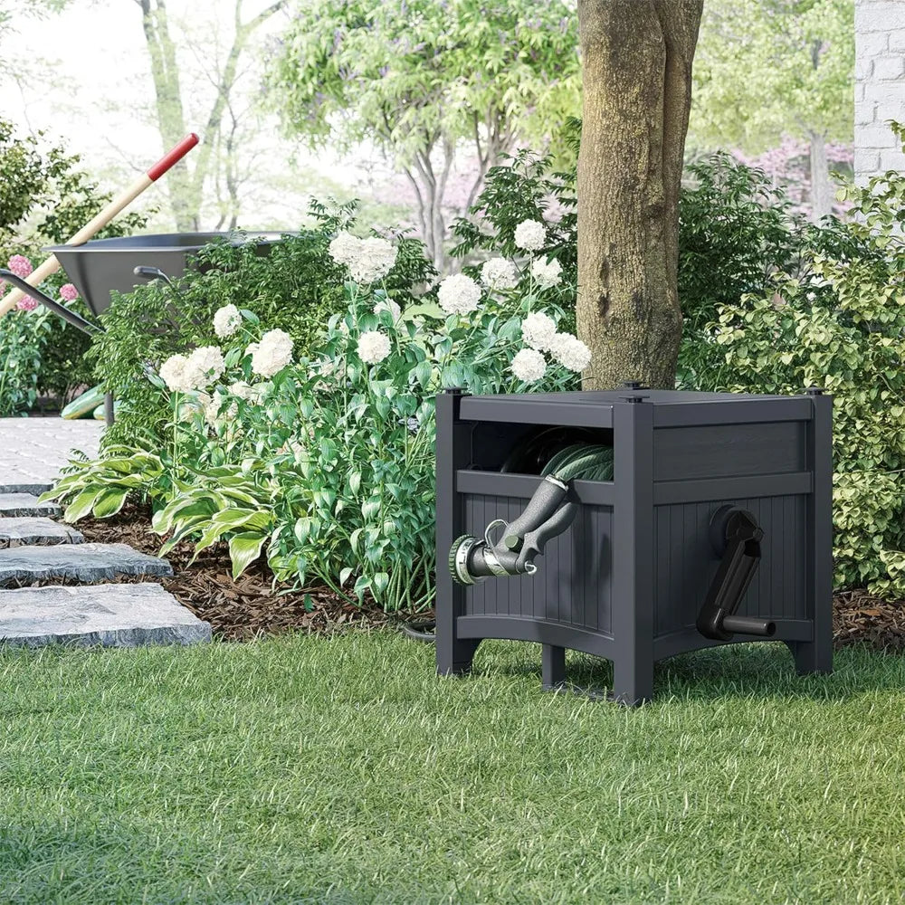 Suncast Cyberspace Grey Garden Hose Storage Reel Box Resin Outdoor Container Holds 100FT 5/8 Inch Water Line No Assembly Require