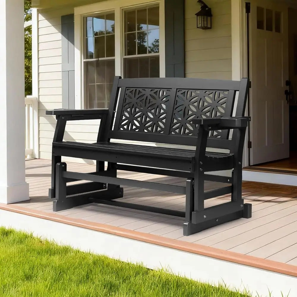 Wooden Outdoor Glider Bench with Floral Backrest, Patio Rocking Chair with Cup Holders, Ideal for Garden, Yard, and Porch (Black