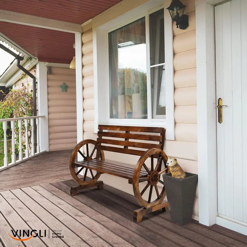 Rustic Wooden Wheel Patio Bench, Weather-Resistant Garden Seat, 350lbs Capacity, 41 High