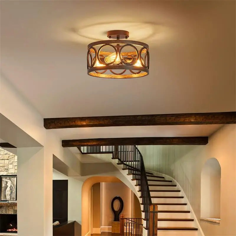 American Industrial Circular Chandelier Farmhouse Retro Iron Art Wood Grain For Restaurant Home Bedroom Ceiling Light Home Decor
