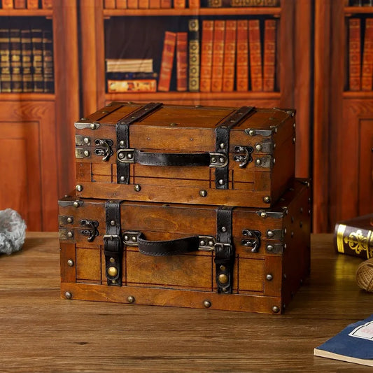 Wooden Treasure Chest Vintage Portable Storage Trunk Jewelry Ticket Box Handbag for Clothes Toys Storage Photo Prop Home Use