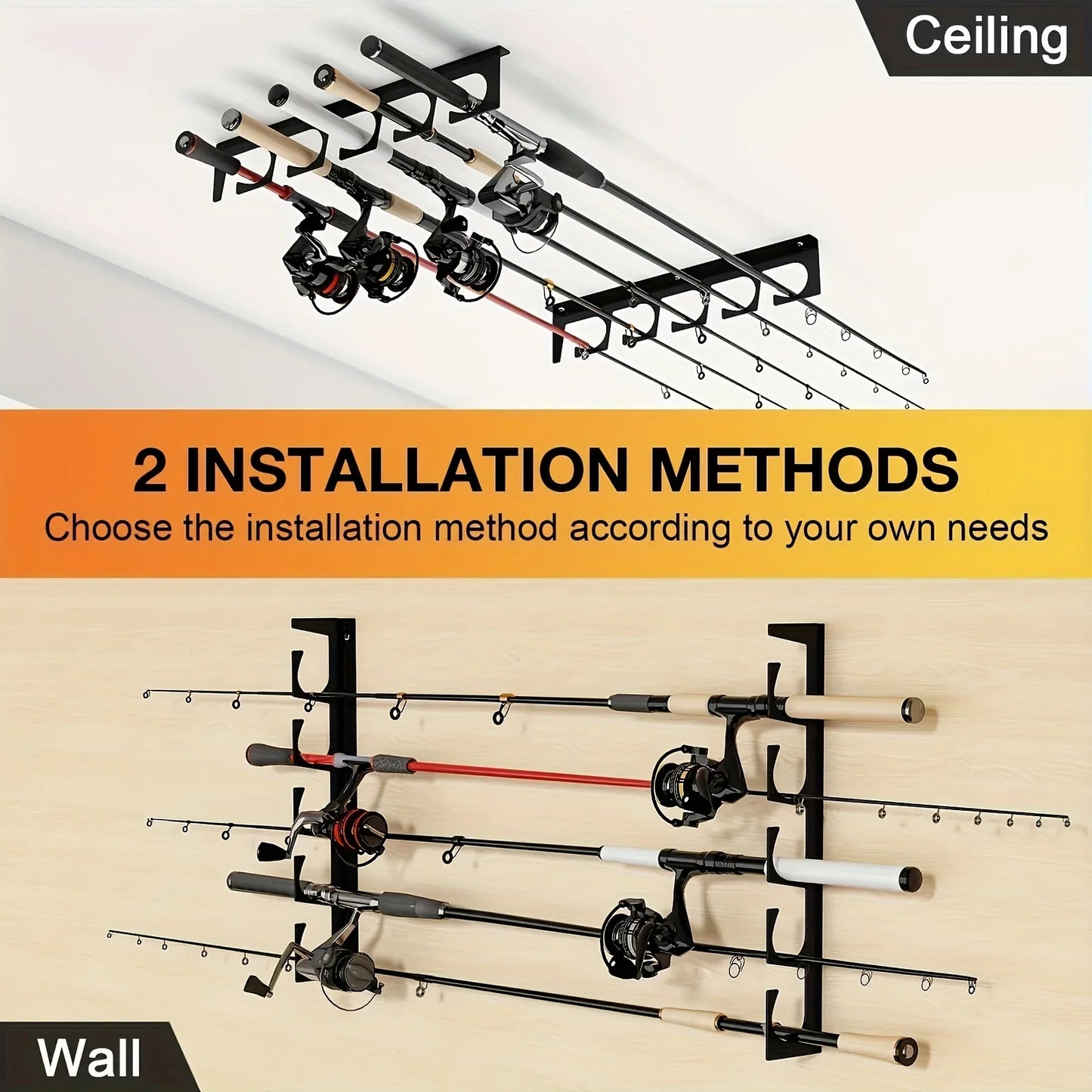 2pcs of storage racks for 5 fishing rod racks installed on the wall and garage ceiling, suitable for most fishing rods.