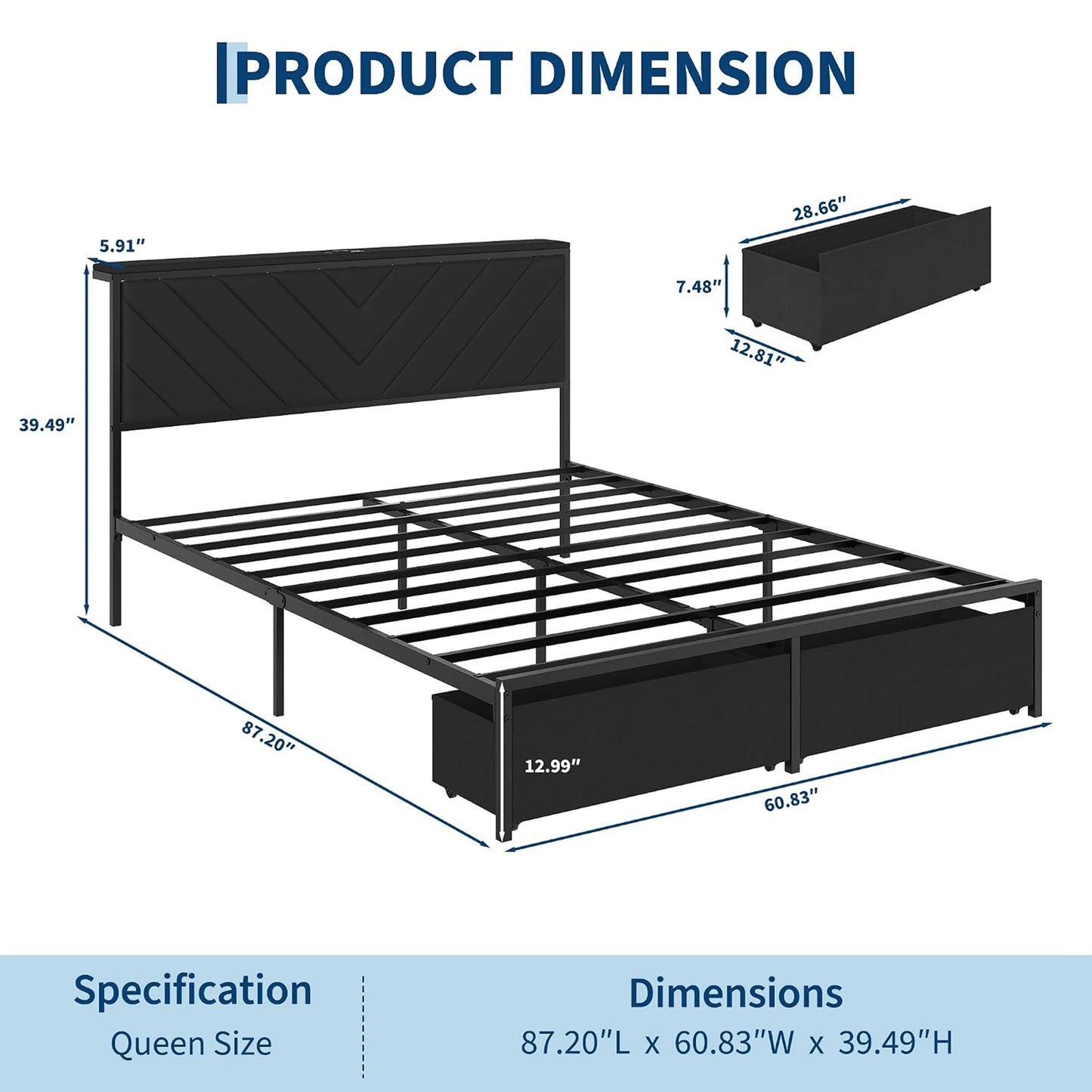 Twin Full Queen Upholstered Metal Platform Bed Frame With Storage Drawers, Headboard Charging Station, V-Pattern, No Box Spring