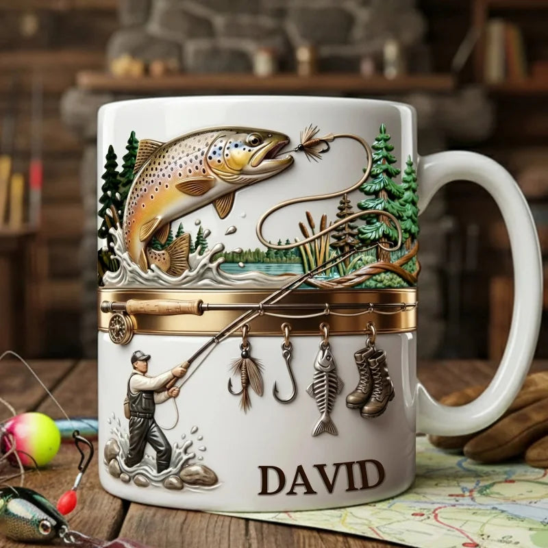 2D print Fishing Lover Gift Mug-Personalized Fishing Cup for Angler,Custom Name Fish Design Ceramic Coffee Mug Birthday Present