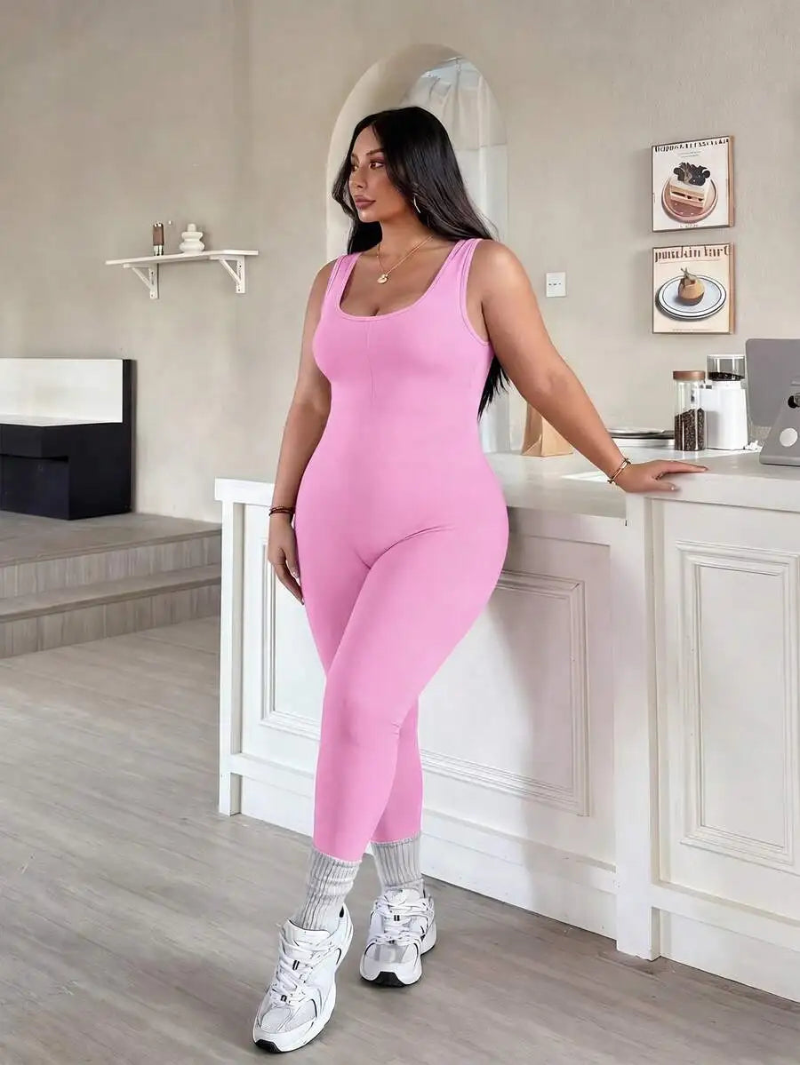 Rhythm Era 1pc Plus Size Black Backless Jumpsuit, Comfortable Stretchy Seamless Knit Yoga & Fitness Activewear