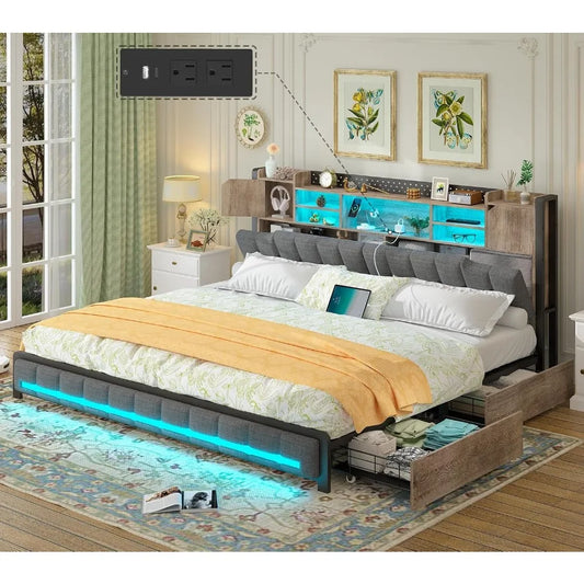 King Size Bed Frame and Bookcase Headboard & Storage Drawers, LED Upholstered Platform Bed Frame King Size with USB, Customized