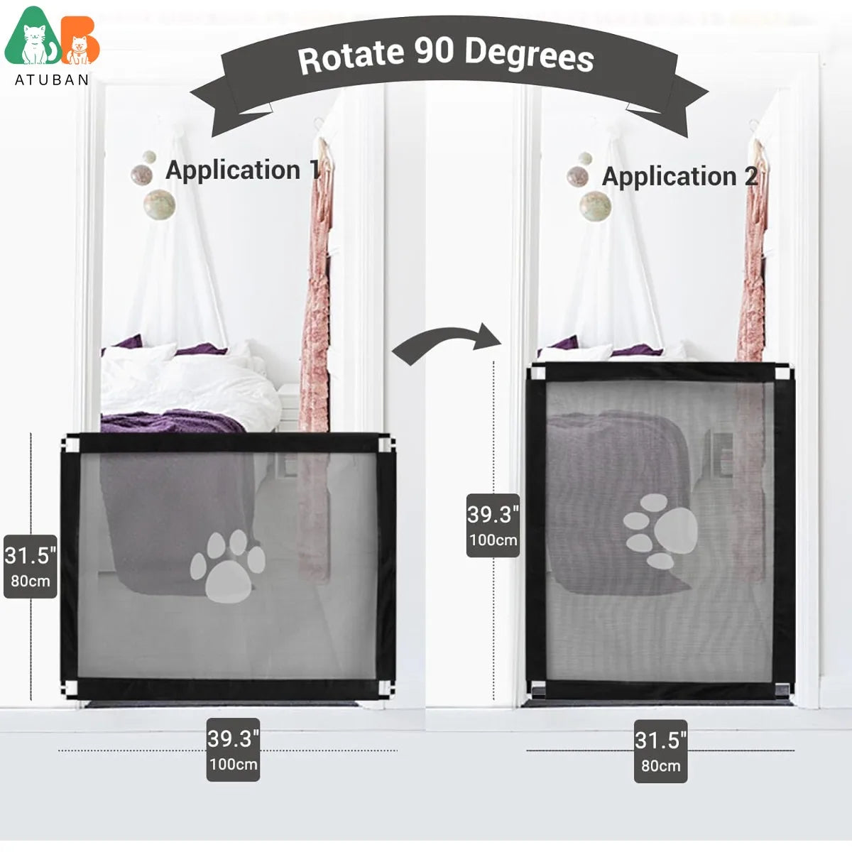 ATUBAN Dog Gate 39.3"x31.5" No Drill/Self-Adhesive,Adjustable,for Stairways,Doorways,Bedroom,Kitchen Pet Mesh Gate for Hallways