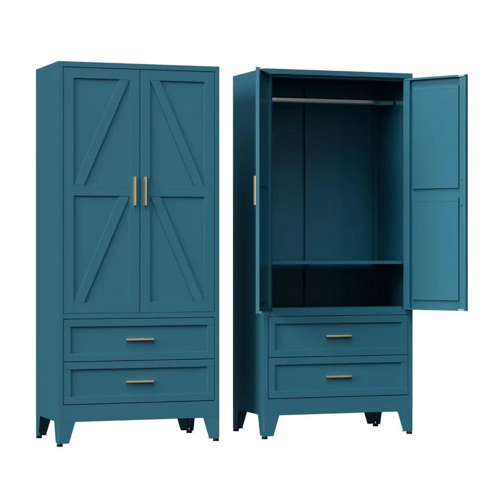 Armoire Wardrobe Closet with Drawers amp Hanging Rod, 71 Metal Wardrobe Closet with Doors amp Adjustable Shelf, Farmhouse Wardr