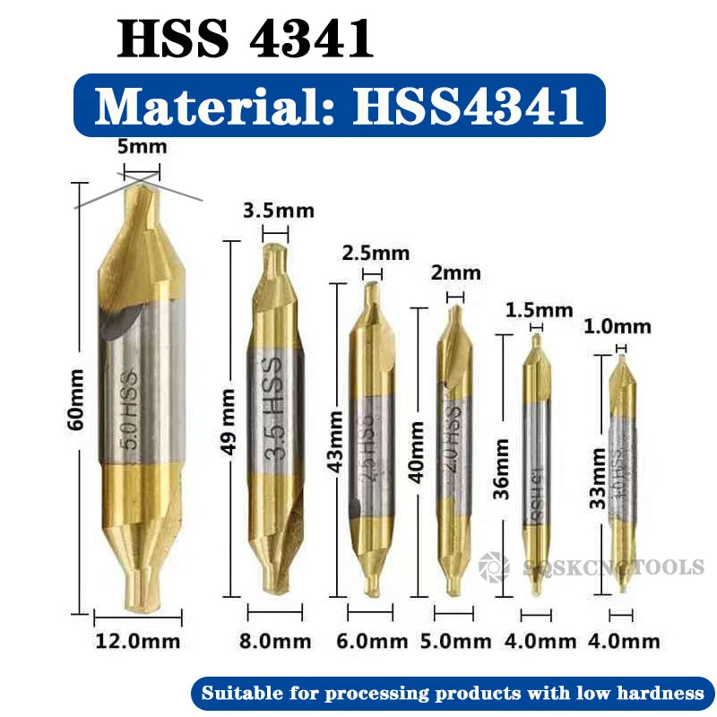 HSS Combined Center Drills Ti-Coated 60 Degree Countersinks Angle Bit Set 6pcs 1.0-5mm Metal Centering Dril Bit Lathe W6542 M35