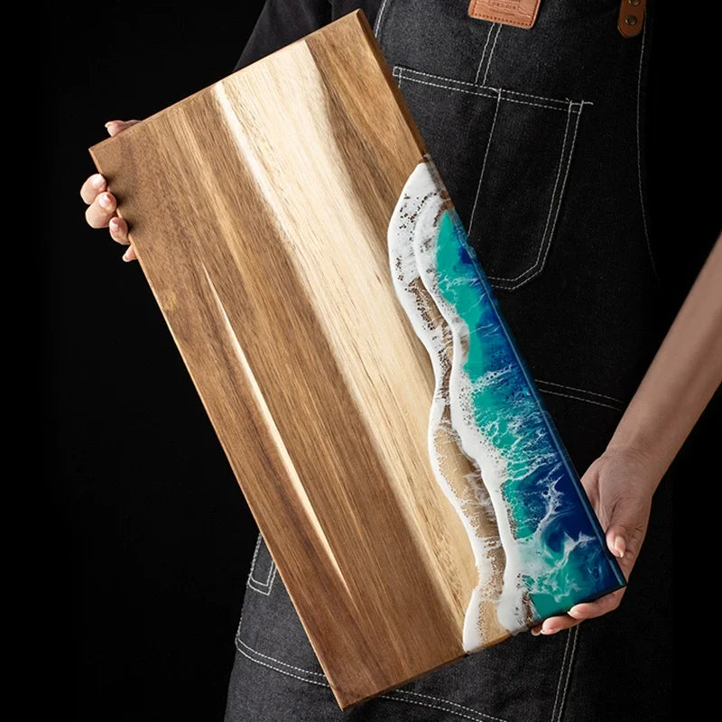 Acacia Wood Cutting Board with Epoxy Resin Crafted Ocean Waves Decor Kitchen Meal Prep & Charcuterie Cheese Board Challah Board