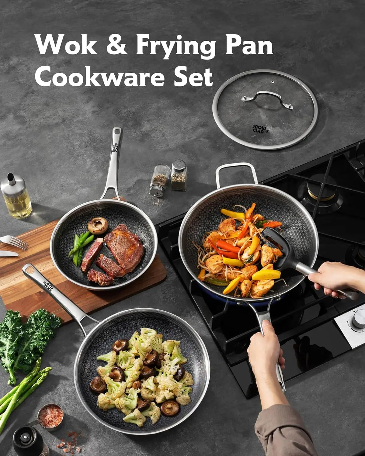 3-Piece Hybrid Stainless Steel Cookware Set-12 Inch Wok with Lid,10 Inch Frying Pan,12 Inch Skillet with Lid-Non Stick,PFOA Free