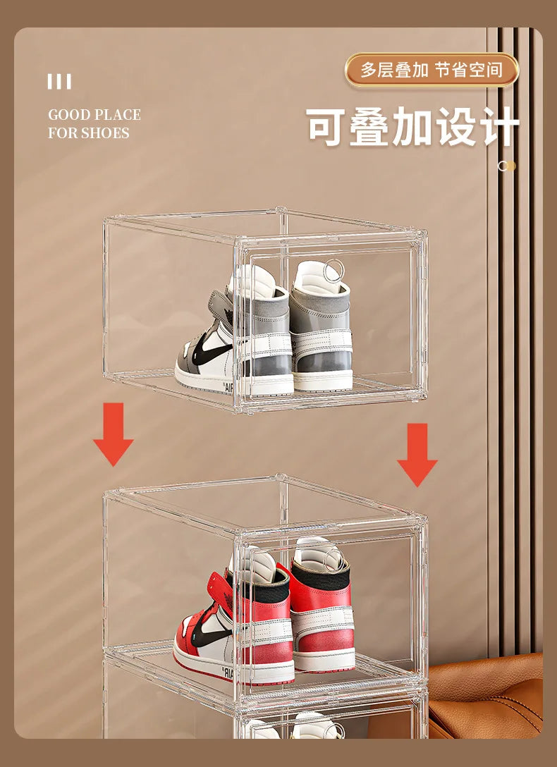 Large AJ Sneaker Organizer Box Thickened Transparent Shoe Box with Magnetic Closure Stackable Multi-Layer Shoe Storage Organizer