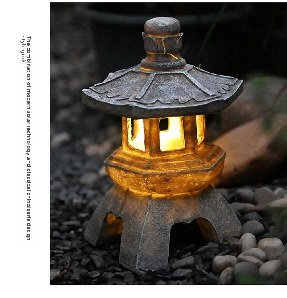 Solar Powered Lamp Garden Accessories Oriental Stone Pagoda Sculpture Zen Palace Lantern Outdoor Light Garden Ornament