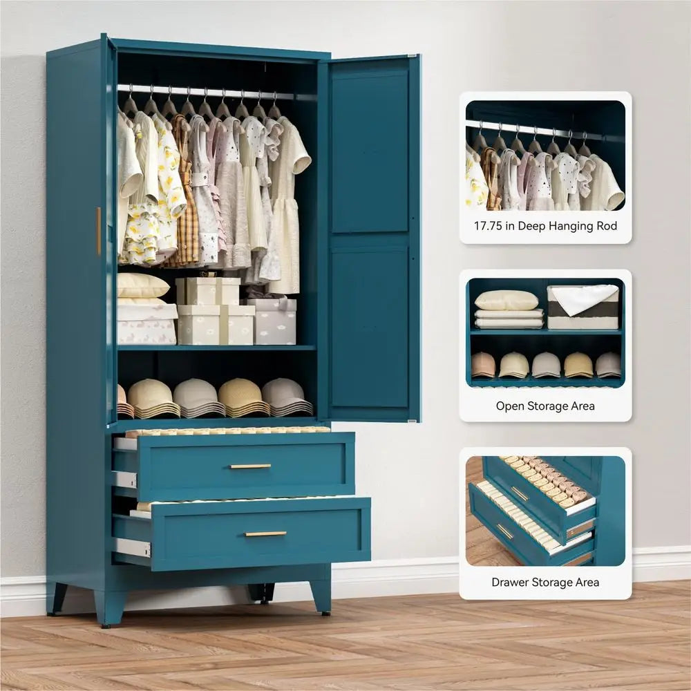 Armoire Wardrobe Closet with Drawers amp Hanging Rod, 71 Metal Wardrobe Closet with Doors amp Adjustable Shelf, Farmhouse Wardr