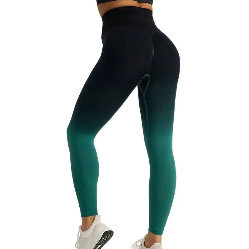 High Waist Color Gradient Yoga Pants Women Seamless Knit Gym Leggings Quick Dry Breathable Workout Tights Scrunch Butt Lift Peach Hip Long Fitness Pants for Cycling Training Activewear