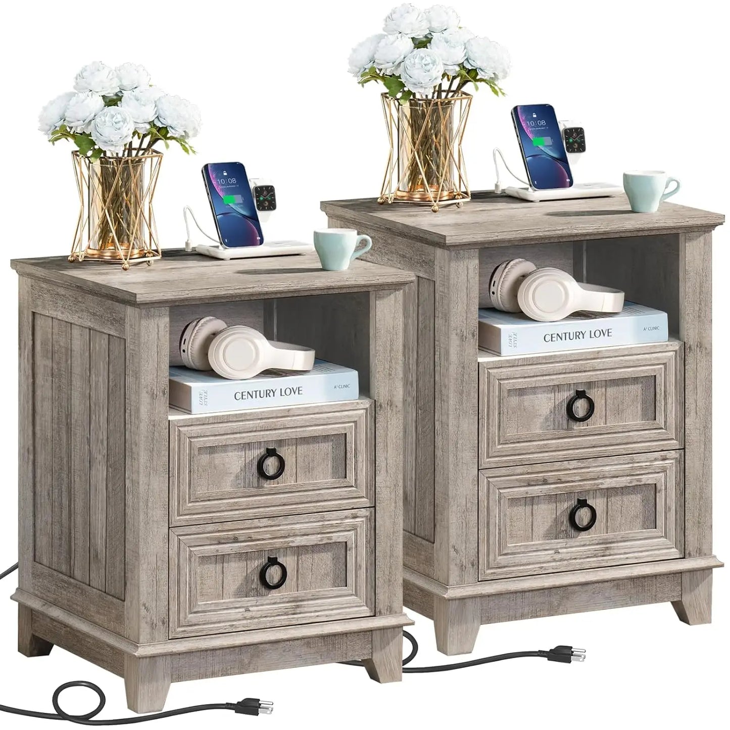 18" Farmhouse Night Stands Set of 2 with Charging Station, 2 Drawers End Table Dresser for Bedroom, Blue Wooden, Customized