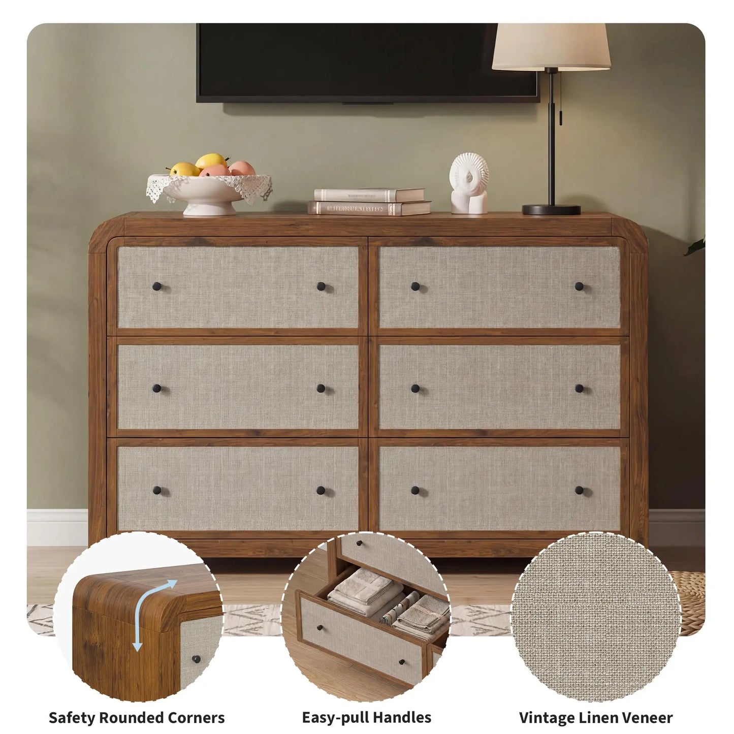 6 Drawer Dresser For Bedroom 49 Inch Wide Chest Of Drawers With Linen Drawer Modern Storage Cabinet With Rounded Corners Anti Tip Kit For Living Room Entryway Home Office