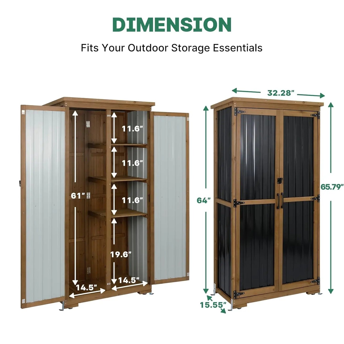 Metal Garden Storage Cabinet Weather-Resistant Lockable 3 Shelves Adjustable Patio 32x15.5x66, Custom
