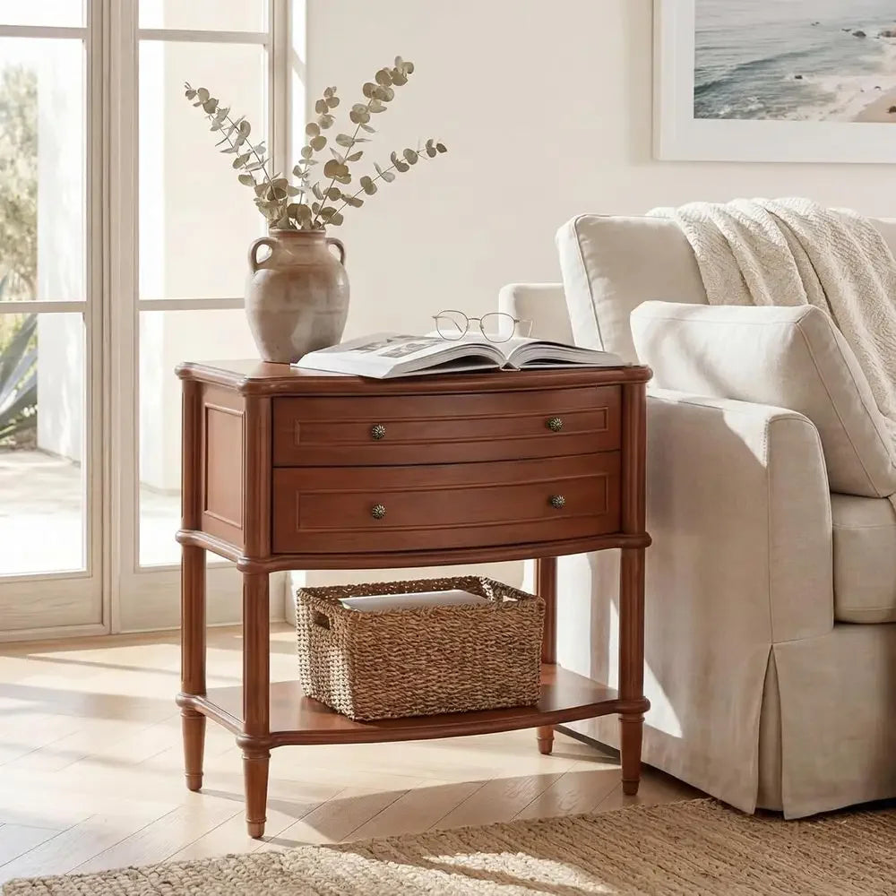 Wide Nightstand w/Charging Station & 2 Ders, Pre-Assembled, Vintage Side Table w/Antique-inished Pulls, Rustic Wood inish, End T
