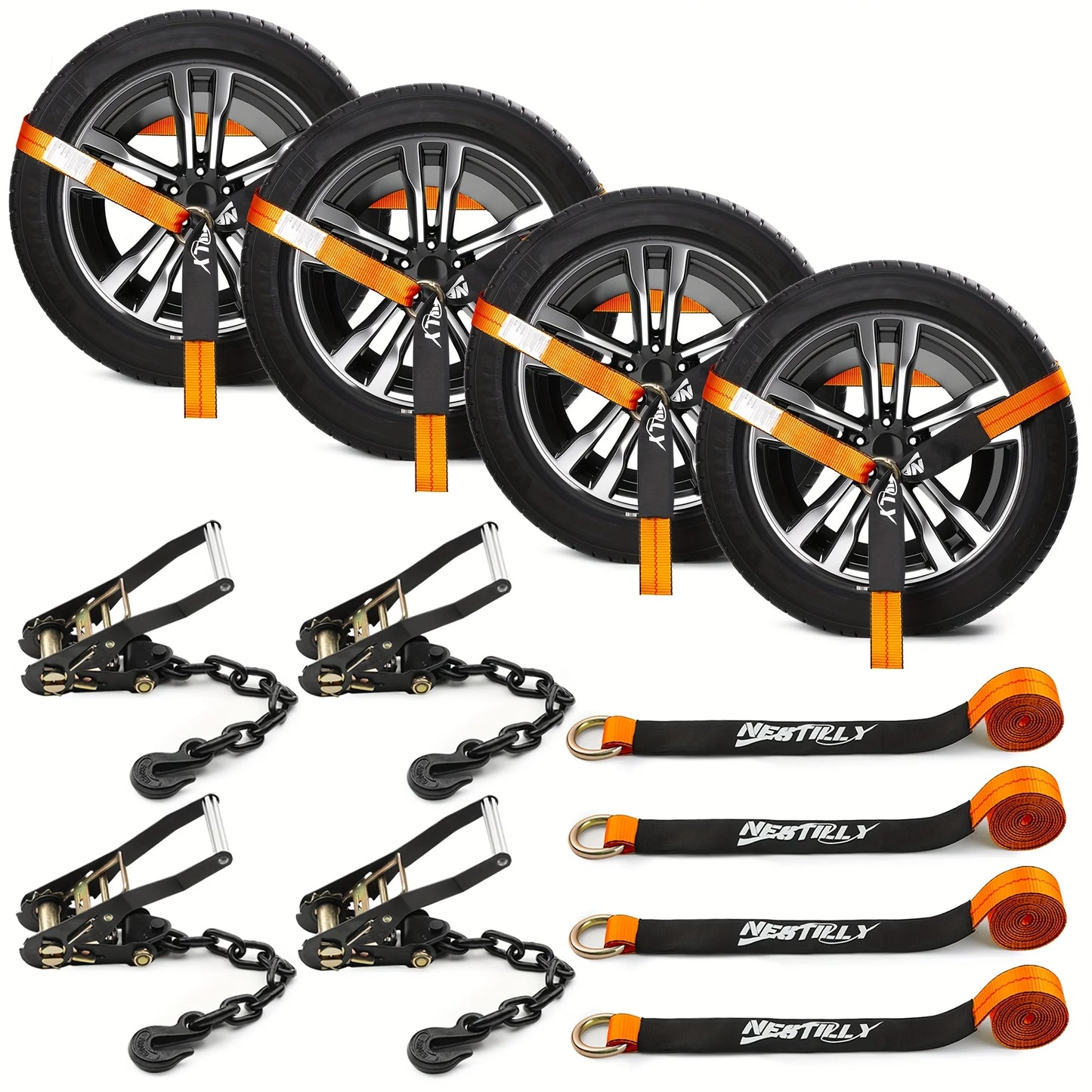 4 Pack Reflective Car Tie Down Straps For Trailers - Tire Ratchet Strap With Chain Anchors - 2" X 8' 9900LBS Break Strength - Lasso Style Wheel Straps For Hauling UTV, SUV, Truck
