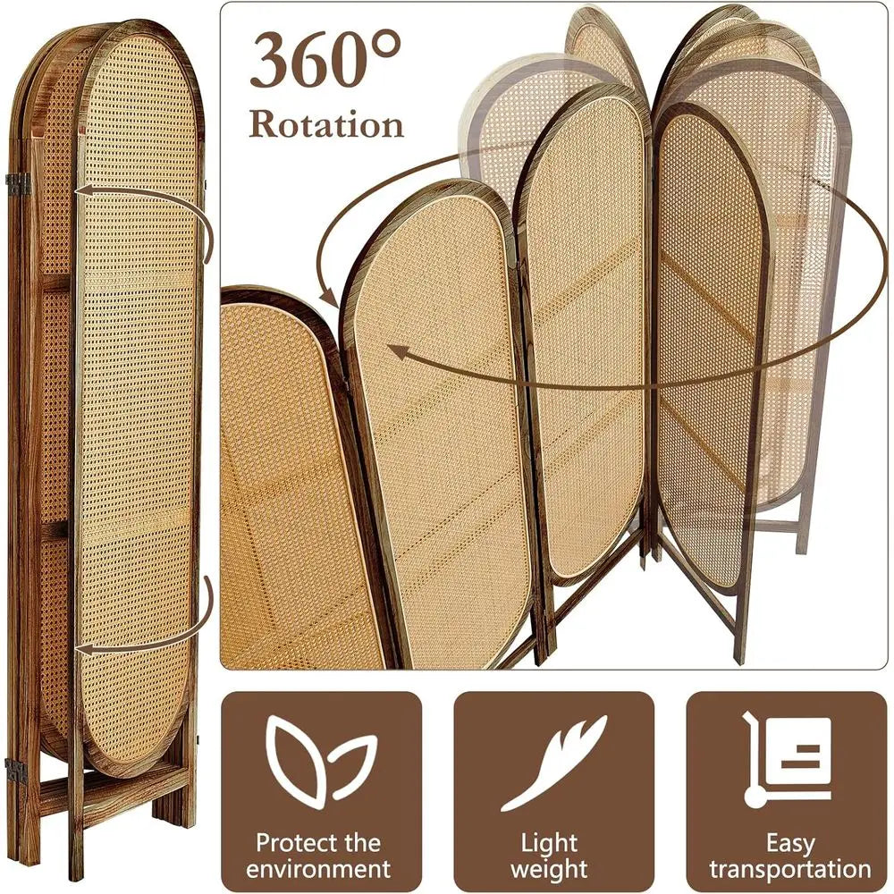 6-Panel Rattan Room Divider, Hand-Woven Privacy Screen, Wood Partition for Home or Office, Brown