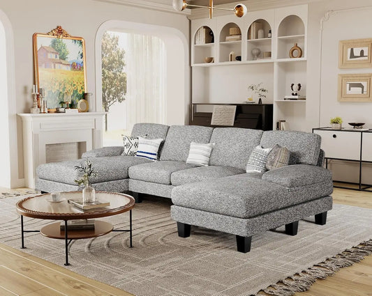 Sectional Couches for Living Room, U-Shaped Sofa Couch with Linen Fabric, 4 Seat Sofa Set with Double Chaise for, Custom
