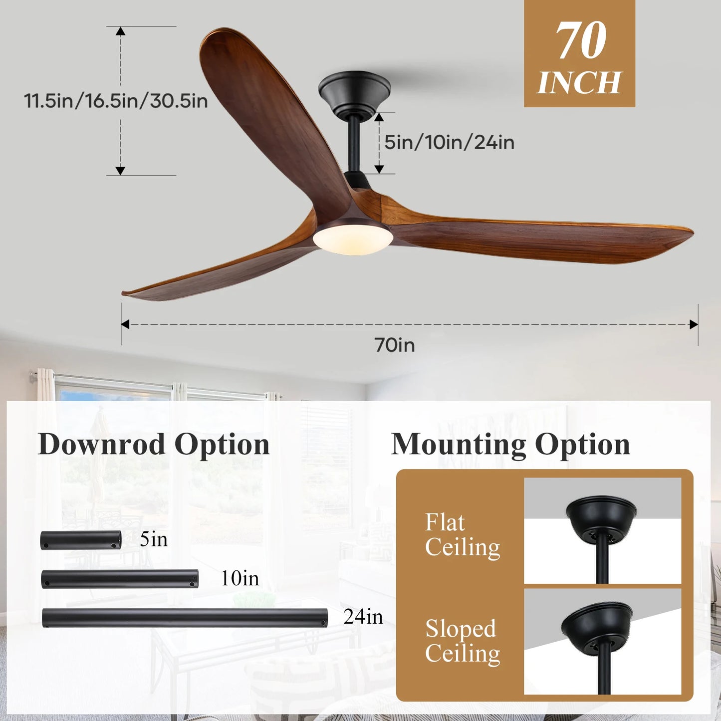52/60/70-inch Ceiling Fan with Light and Remote 3 Wood Blades High CFM Dimmable LED Noiseless Reversible DC Fans for Bedroom