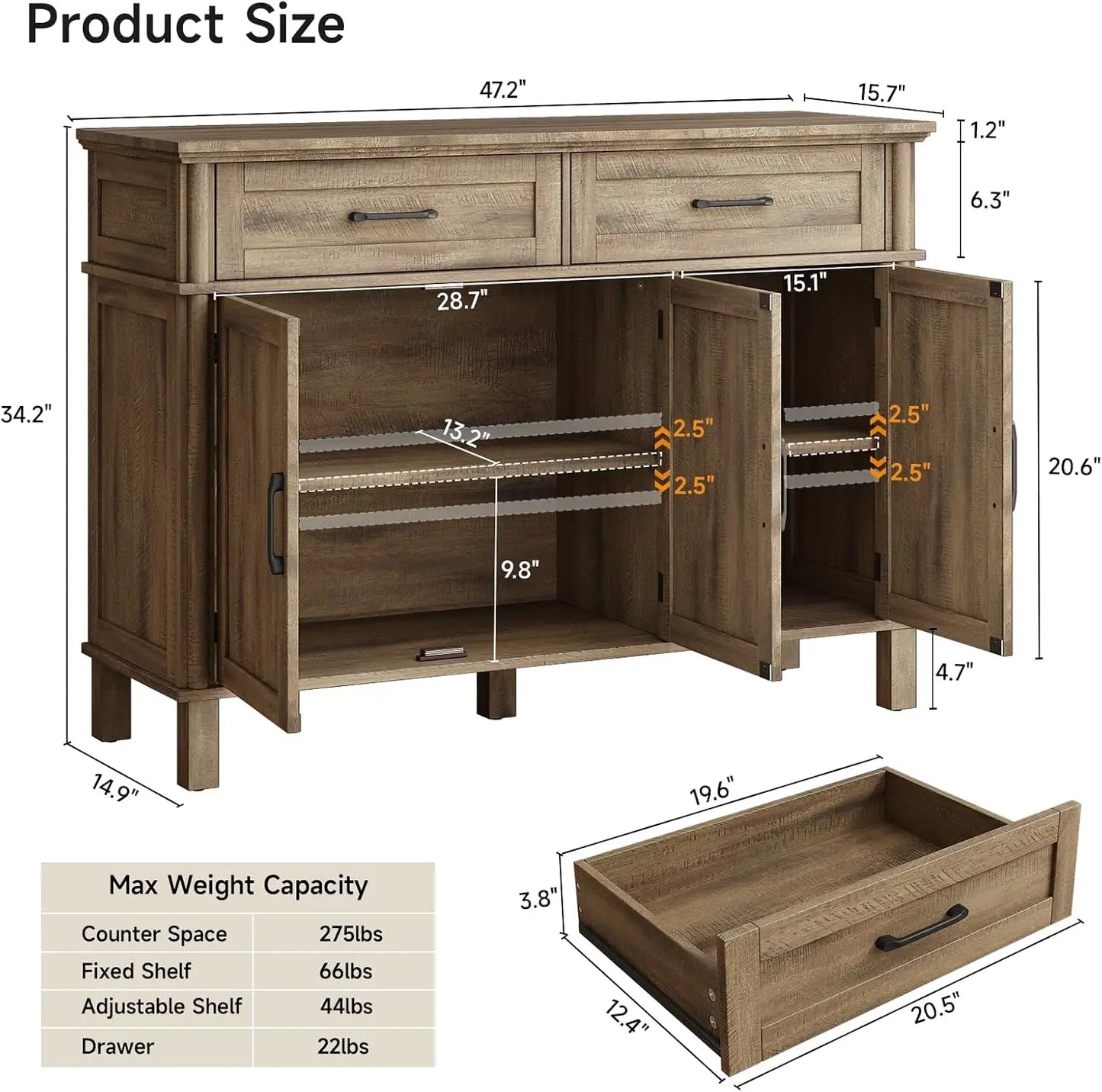 48 Inch Farmhouse Buffet Cabinet with 3 Doors & 2 Drawers, Wood Coffee Bar Storage Cabinet Adjustable Shelves for Kitchen Living Room