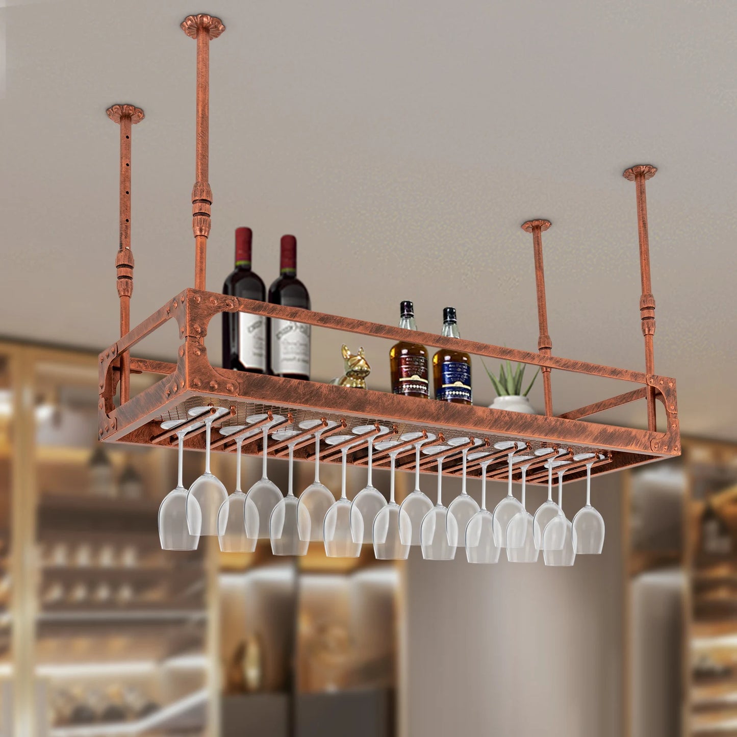 Industrial Vintage Bar Floating Shelf，Ceiling Mount Iron Wine Rack，Glass Hanging Holder Stemware Storage Organizer