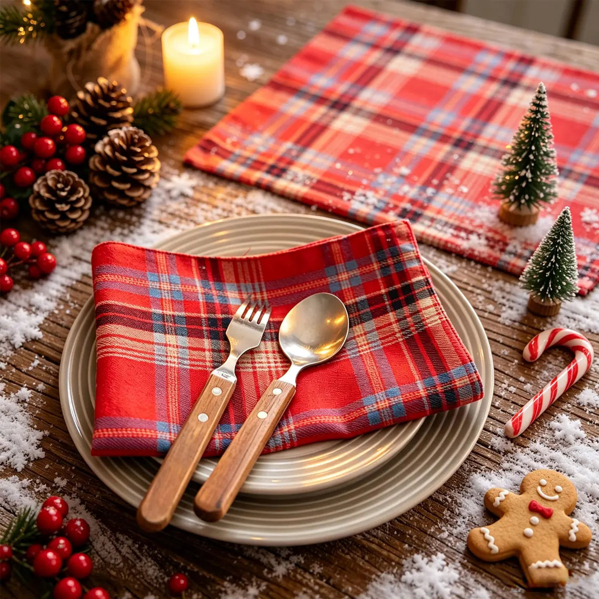 2/4/6Pcs Christmas Tartan Plaid Placemats Washable Table Mats for Holiday Dining Table Decor